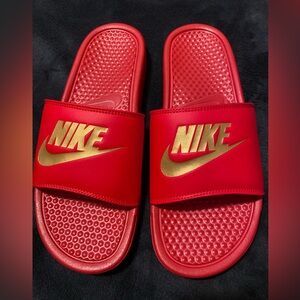 Nike University Red Slide Sandals with Metallic Gold Logo